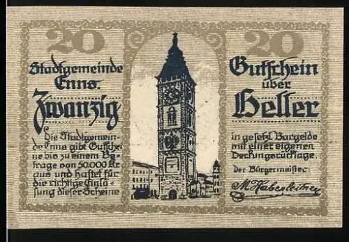 Notgeld Enns 1920, 20 Heller, Stadtturm und Wappen mit Drache, Seriennummer enthalten