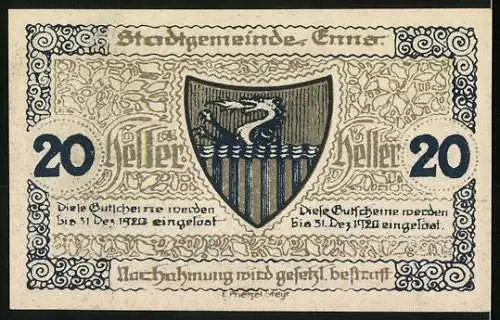 Notgeld Enns 1920, 20 Heller, Stadtturm und Wappen mit Drache, Seriennummer enthalten