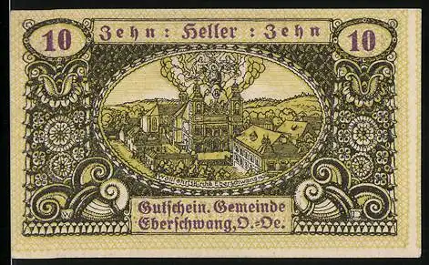 Notgeld Eberschwang 1920, 10 Heller, Dorfansicht und Stiermotiv