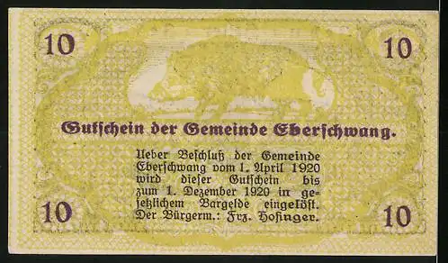 Notgeld Eberschwang 1920, 10 Heller, Dorfansicht und Stiermotiv