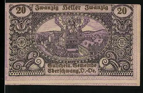 Notgeld Eberschwang 1920, 20 Heller, Stadtansicht und Wildschwein-Motiv