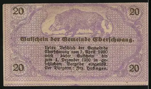 Notgeld Eberschwang 1920, 20 Heller, Stadtansicht und Wildschwein-Motiv