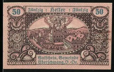 Notgeld Eberschwang 1920, 50 Heller, Stadtansicht mit Kirche und Wildschwein-Motiv