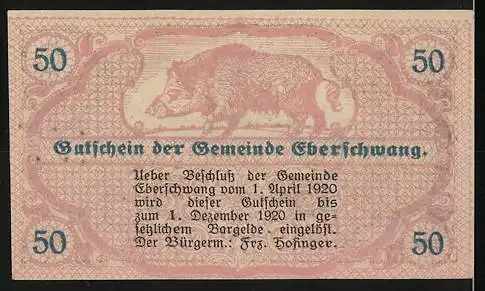 Notgeld Eberschwang 1920, 50 Heller, Stadtansicht mit Kirche und Wildschwein-Motiv