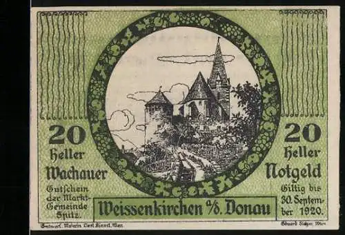 Notgeld Spitz a.d. Donau 1920, 20 Heller, Burgruine und Kirche im Grünen Oval