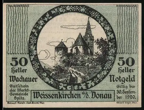 Notgeld Spitz a.d. Donau 1920, 50 Heller, Burgruine und Kirche, gültig bis 30. September