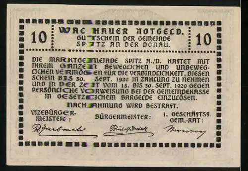 Notgeld Spitz a.d. Donau 1920, 10 Heller, Schlossansicht und umliegende Landschaft, gültig bis 30. September 1920