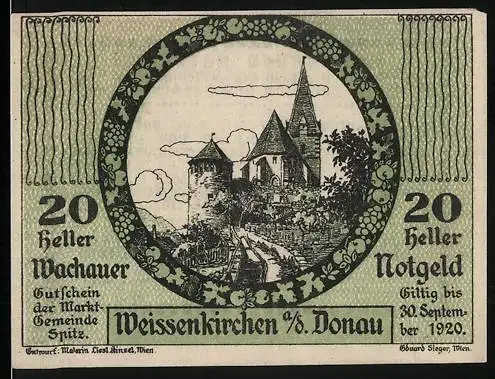 Notgeld Spitz a.d. Donau 1920, 20 Heller, Burgruine mit Kirche in Landschaft