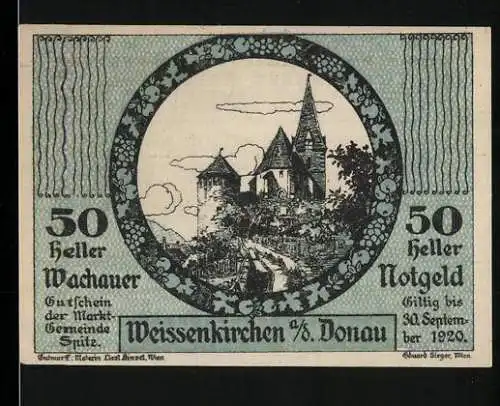 Notgeld Spitz a.d. Donau 1920, 50 Heller, Burgruine mit Kirche, Gültig bis 30. September 1920