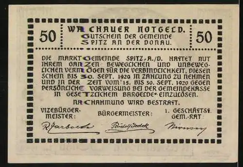 Notgeld Spitz a.d. Donau 1920, 50 Heller, Burgruine mit Kirche, Gültig bis 30. September 1920