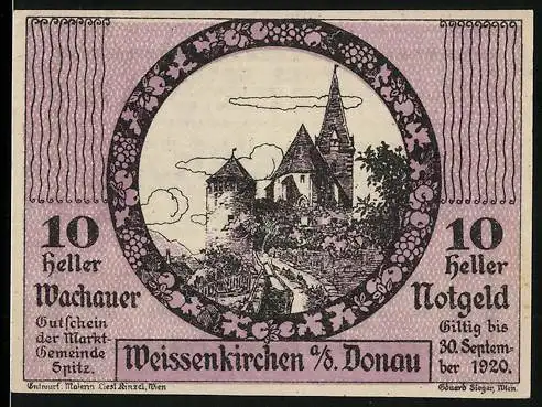 Notgeld Spitz a.d. Donau 1920, 10 Heller, Burgansicht mit Rosenrahmen