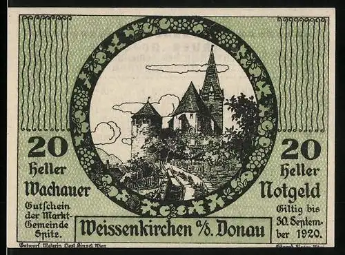 Notgeld Spitz a.d. Donau 1920, 20 Heller, Burg und Kirche im Rundmotiv