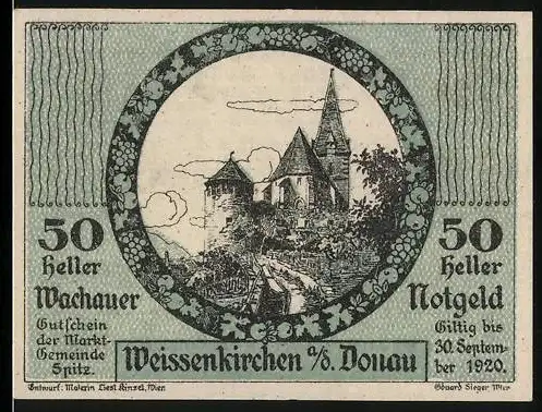 Notgeld Spitz a.d. Donau 1920, 50 Heller, Landschaft mit Kirche und Burgturm, gültig bis 30. September 1920