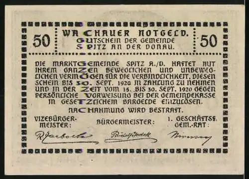 Notgeld Spitz a.d. Donau 1920, 50 Heller, Landschaft mit Kirche und Burgturm, gültig bis 30. September 1920