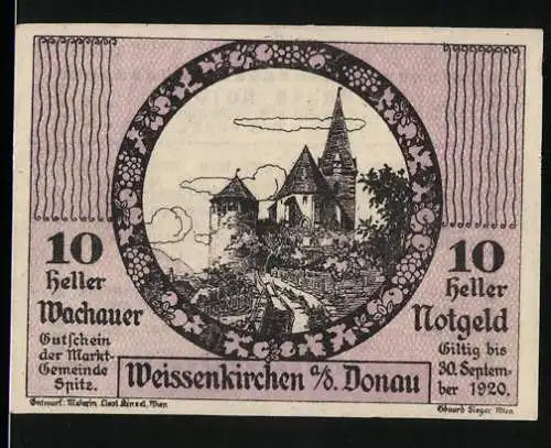 Notgeld Spitz a.d. Donau 1920, 10 Heller, Burg mit Weinlaubrahmen