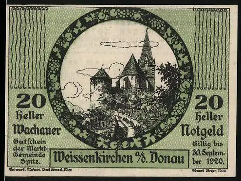 Notgeld Spitz a.d. Donau 1920, 20 Heller, Burgruine und Kirche an der Donau