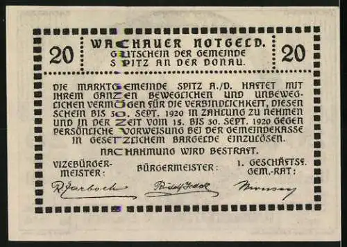 Notgeld Spitz a.d. Donau 1920, 20 Heller, Burgruine und Kirche an der Donau