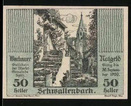 Notgeld Spitz a.d. Donau 1920, 50 Heller, malerische Dorfansicht mit Kirchturm in Schwallenbach