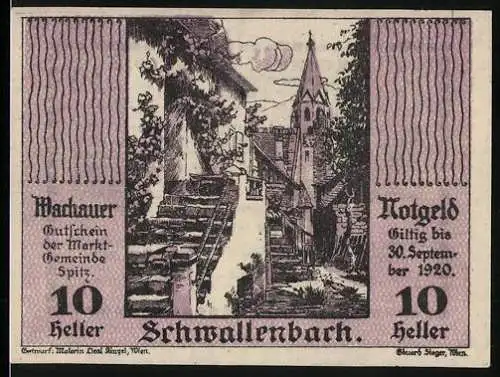 Notgeld Spitz 1920, 10 Heller, Ansicht von Schwallenbach, Gültig bis 30. September 1920