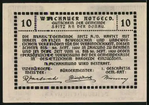 Notgeld Spitz 1920, 10 Heller, Ansicht von Schwallenbach, Gültig bis 30. September 1920