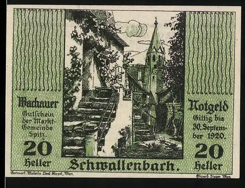 Notgeld Spitz a.d. Donau 1920, 20 Heller, Dorfansicht mit Kirchturm und Treppe