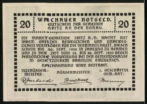 Notgeld Spitz a.d. Donau 1920, 20 Heller, Dorfansicht mit Kirchturm und Treppe