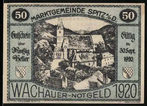 Notgeld Spitz 1920, 50 Heller, Dorfansicht mit Kirche, gültig bis 30. Sept. 1920