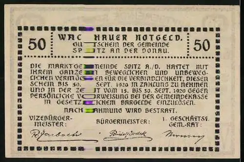 Notgeld Spitz 1920, 50 Heller, Dorfansicht mit Kirche, gültig bis 30. Sept. 1920