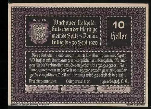 Notgeld Spitz an der Donau 1920, 10 Heller, Wappen und dekorativer Rahmen