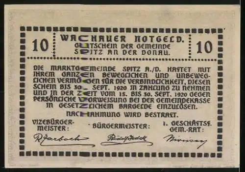 Notgeld Spitz an der Donau 1920, 10 Heller, Wappen und dekorativer Rahmen