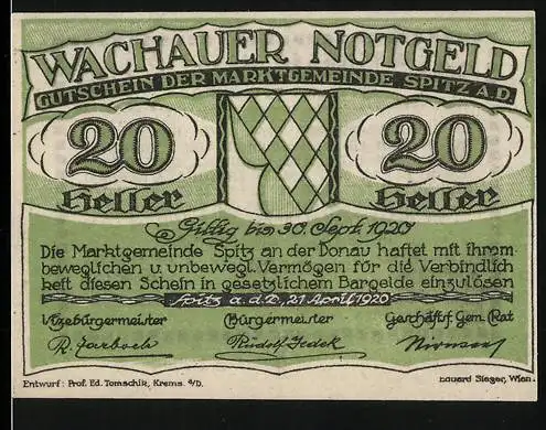 Notgeld Spitz 1920, 20 Heller, grünes Rautenmuster, gültig bis 30. Sept. 1920