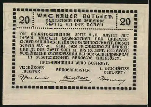 Notgeld Spitz 1920, 20 Heller, grünes Rautenmuster, gültig bis 30. Sept. 1920