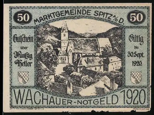 Notgeld Spitz 1920, 50 Heller, Dorfansicht mit Kirche, Wappen und Gültigkeitshinweis