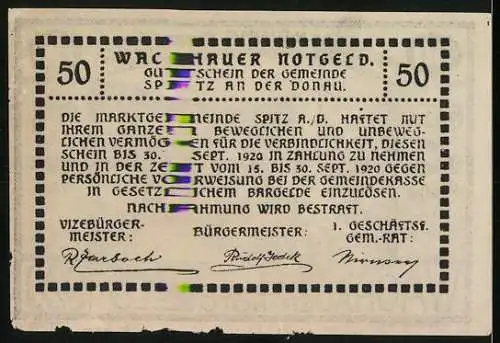 Notgeld Spitz 1920, 50 Heller, Dorfansicht mit Kirche, Wappen und Gültigkeitshinweis