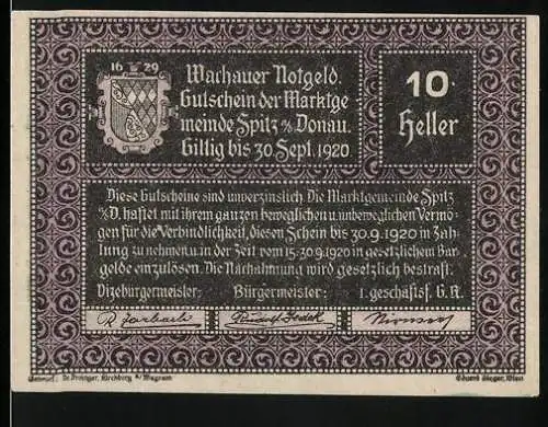 Notgeld Spitz 1920, 10 Heller, Wappen und Schrifttext