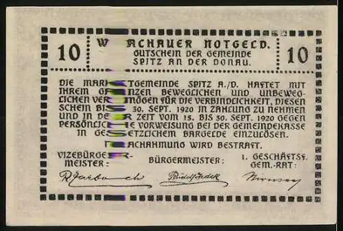 Notgeld Spitz 1920, 10 Heller, Wappen und Schrifttext