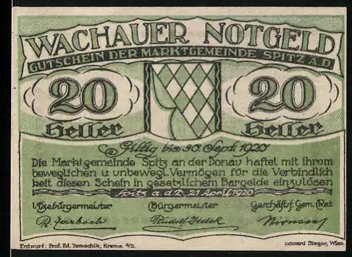 Notgeld Spitz an der Donau 1920, 20 Heller, Wappen und Text, grün und beige