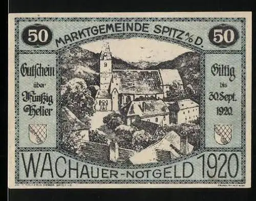 Notgeld Spitz an der Donau 1920, 50 Heller, Dorfansicht mit Kirche und Hügeln, Wappen und Seriensignaturen