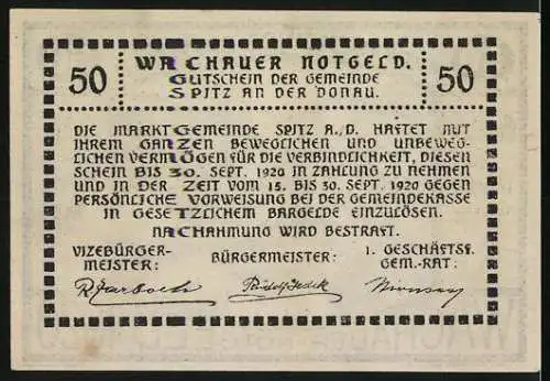 Notgeld Spitz an der Donau 1920, 50 Heller, Dorfansicht mit Kirche und Hügeln, Wappen und Seriensignaturen