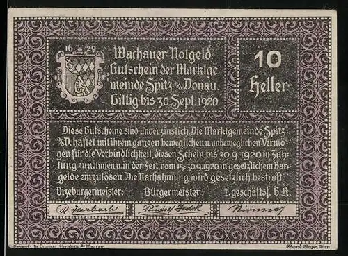 Notgeld Spitz 1920, 10 Heller, Wappen und Text in dekorativem Rahmen