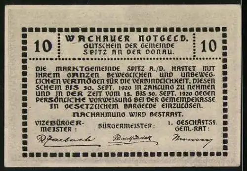 Notgeld Spitz 1920, 10 Heller, Wappen und Text in dekorativem Rahmen