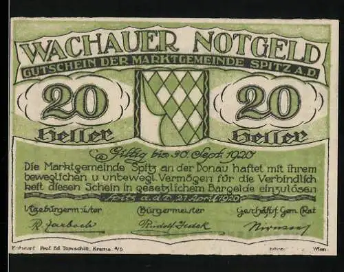 Notgeld Spitz an der Donau 1920, 20 Heller, grünes Wappenmotiv mit Schrift und Signaturen