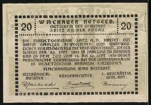 Notgeld Spitz an der Donau 1920, 20 Heller, grünes Wappenmotiv mit Schrift und Signaturen