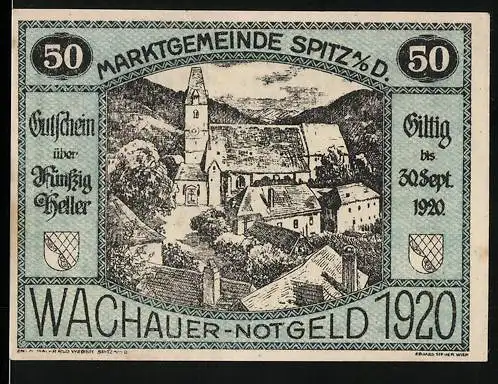 Notgeld Spitz 1920, 50 Heller, Landschaft mit Kirche und Häusern, gültig bis 30. Sept. 1920