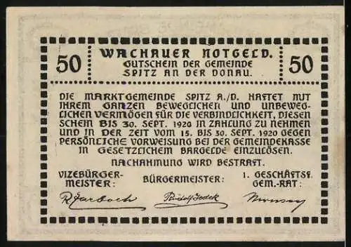 Notgeld Spitz 1920, 50 Heller, Landschaft mit Kirche und Häusern, gültig bis 30. Sept. 1920