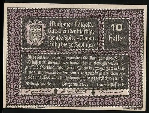 Notgeld Spitz 1920, 10 Heller, Wappen und Text um Zahlungsanweisung