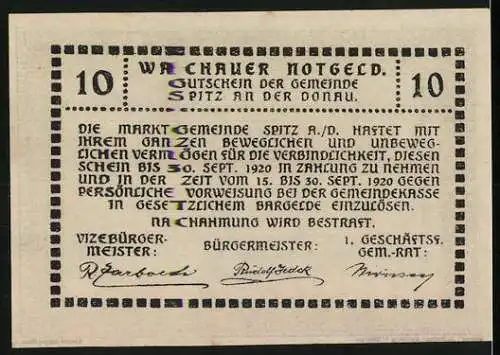 Notgeld Spitz 1920, 10 Heller, Wappen und Text um Zahlungsanweisung