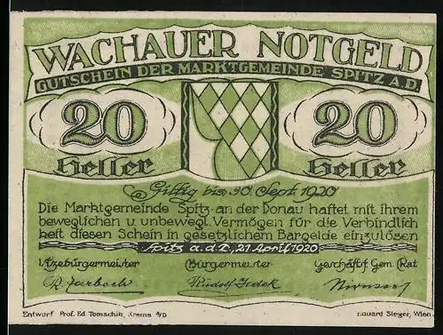 Notgeld Spitz an der Donau 1920, 20 Heller, grünes Rautenmuster, Gültigkeitsvermerk bis 30. September 1920