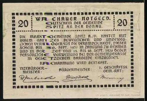 Notgeld Spitz an der Donau 1920, 20 Heller, grünes Rautenmuster, Gültigkeitsvermerk bis 30. September 1920