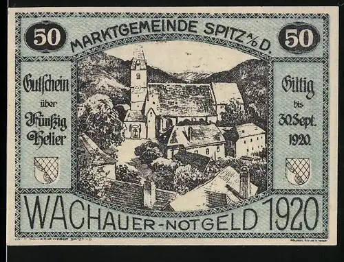 Notgeld Spitz 1920, 50 Heller, Kirche und Landschaftsansicht, Wappen der Marktgemeinde